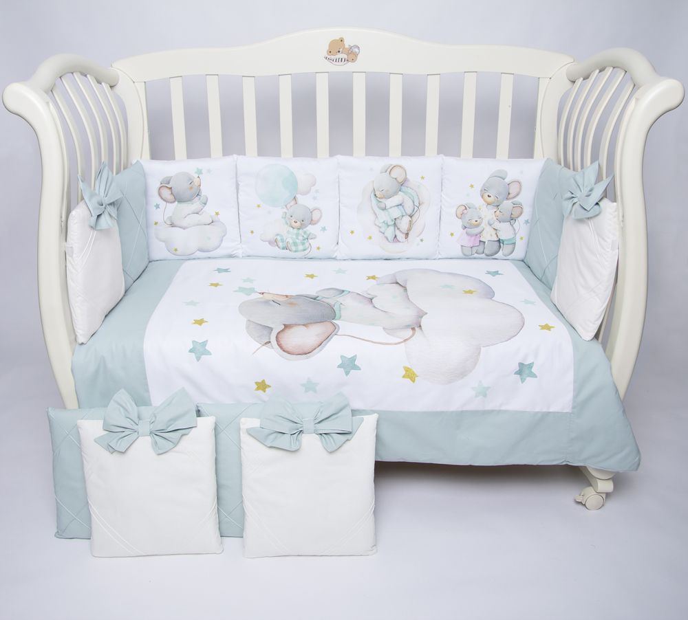 картинка Комплект в кроватку Премиум ПАННО 5 шт.съемн.навол. "подушками" 6 предм."Малыш мышонок" (мята) от Компасик.ру гипермаркет детских колясок и автокресел